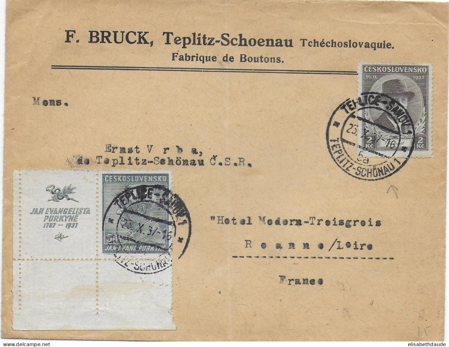 TCHECOSLOVAQUIE - 1937 - ENVELOPPE De TEPLITZ => ROANNE - Cartas & Documentos