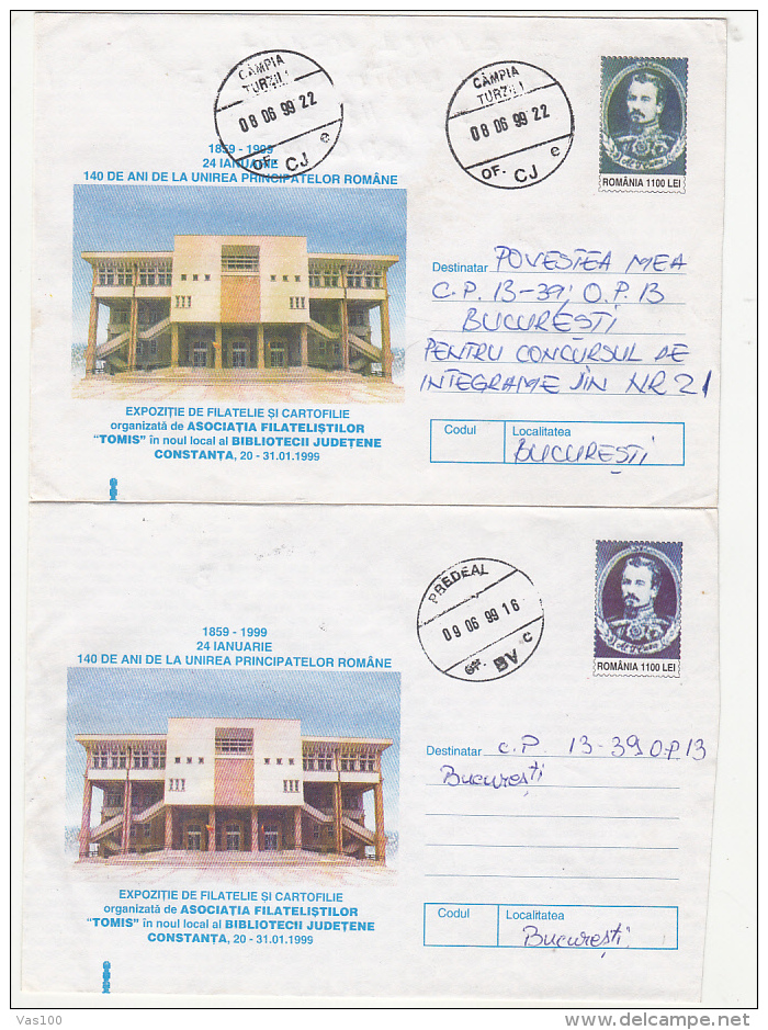 ERRORS, DIFFERENT COLOURS, PRINCE AL.I. CUZA, UNION, COVER STATIONERY, ENTIER POSTAL, 2X, 1999, ROMANIA - Plaatfouten En Curiosa