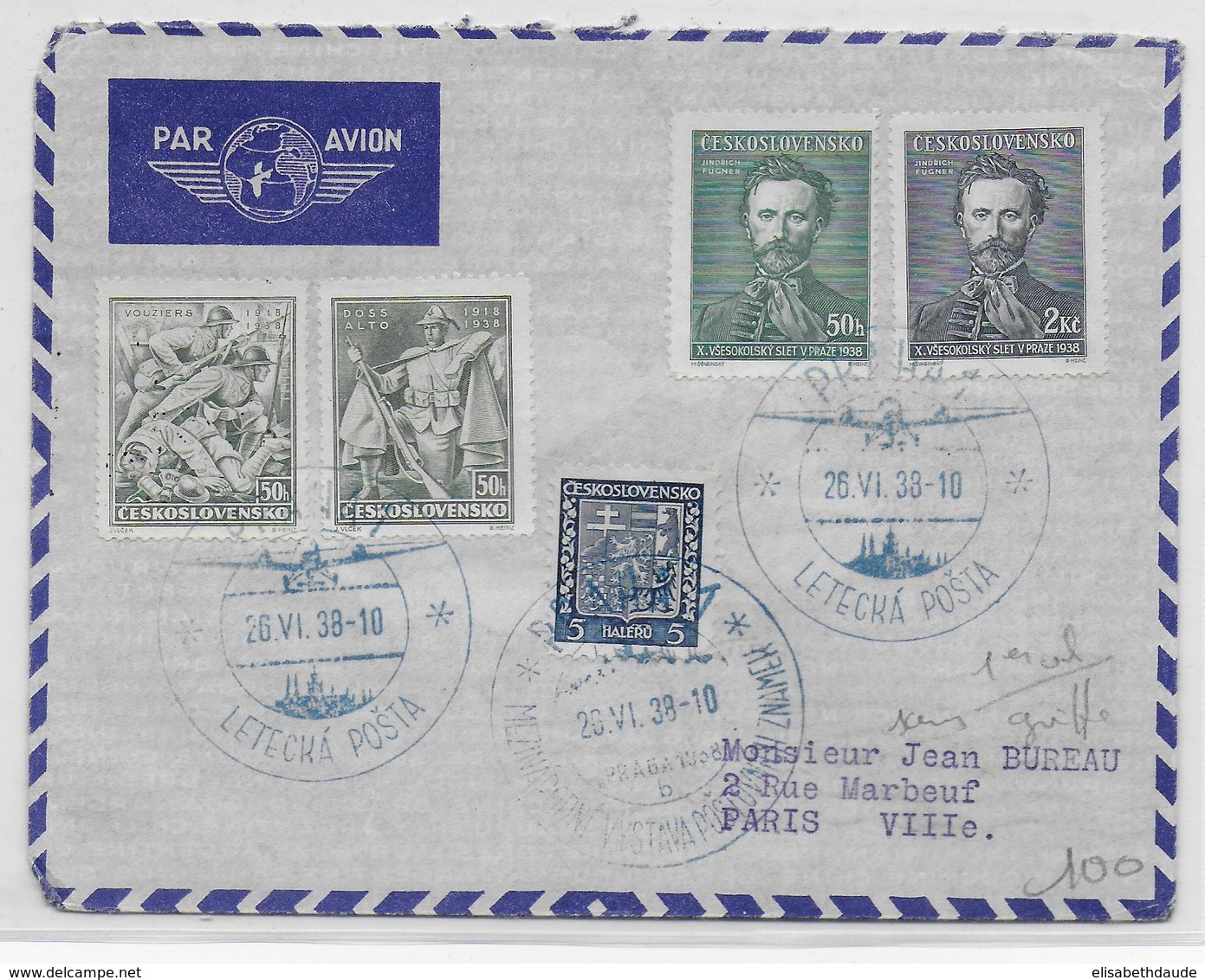 TCHECOSLOVAQUIE - 1938 - ENVELOPPE Par AVION 1° VOL De PRAGUE => PARIS - Storia Postale