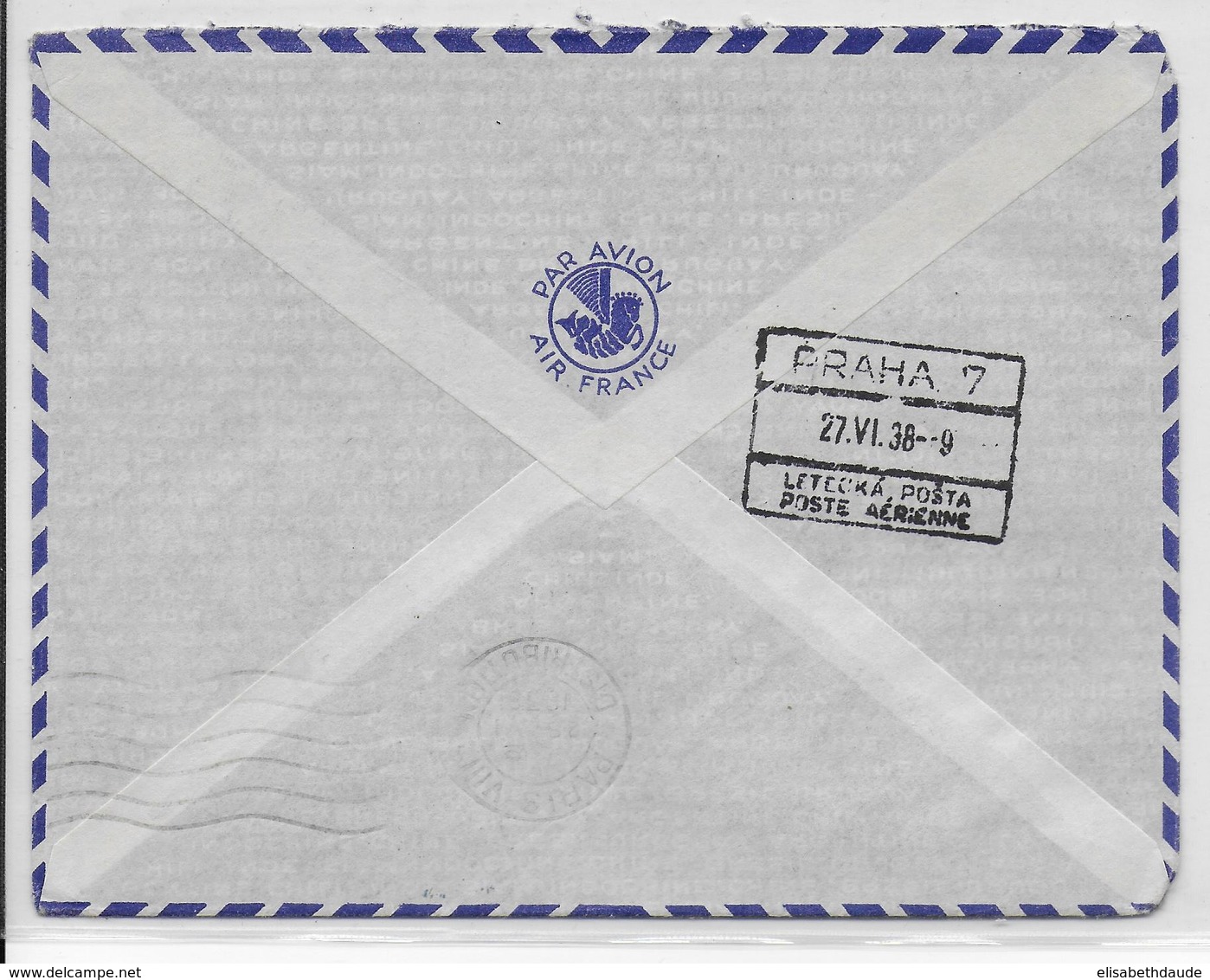 TCHECOSLOVAQUIE - 1938 - ENVELOPPE Par AVION 1° VOL De PRAGUE => PARIS - Storia Postale