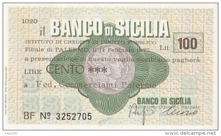 MINIASSEGNI ISSUED BY BANCO DI SICILIA, 100 LIRE, 1977, ITALY - [10] Chèques