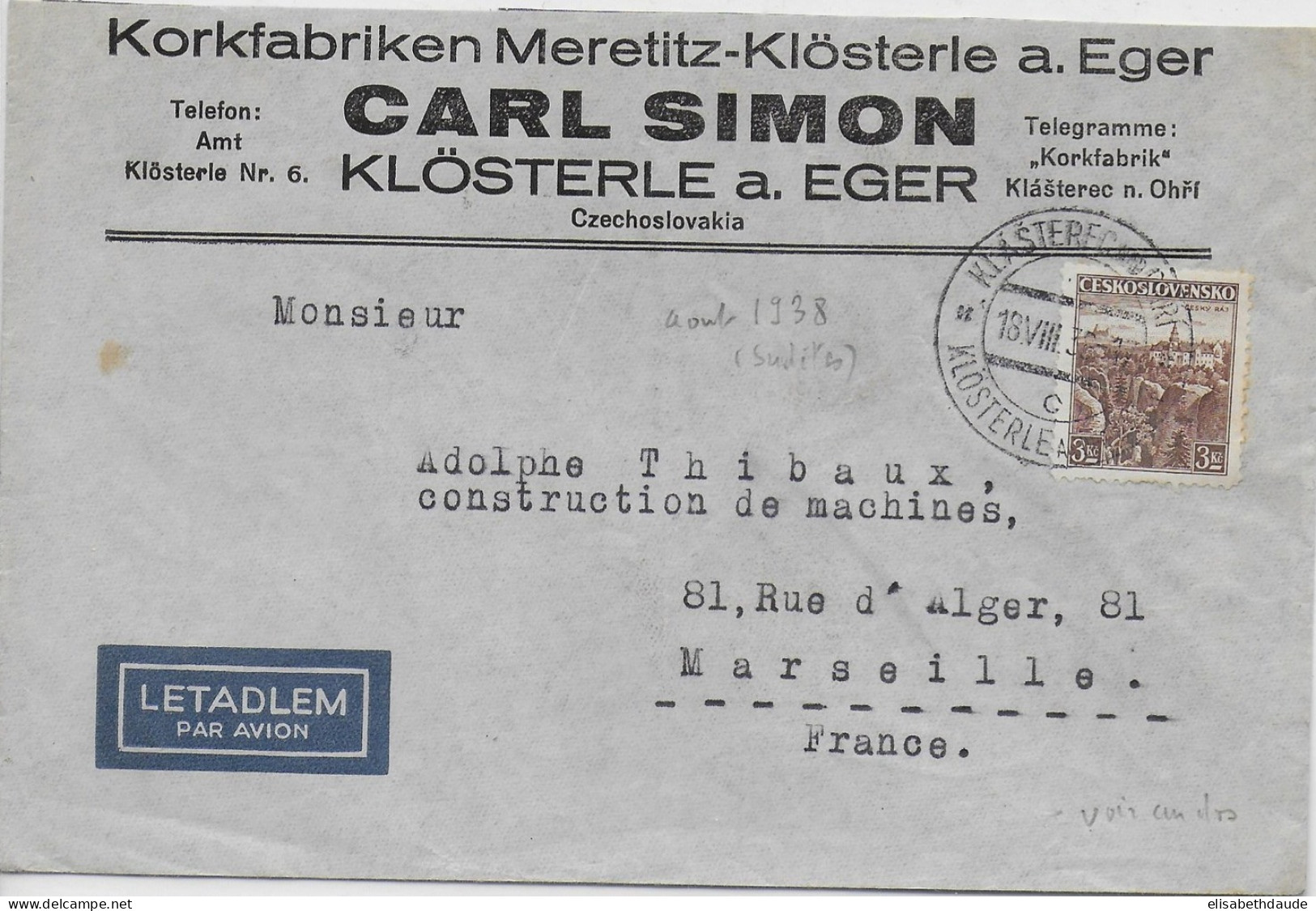 TCHECOSLOVAQUIE - 1938 - ENVELOPPE Par AVION De KLÖSTERLE A. EGER => MARSEILLE - Lettres & Documents