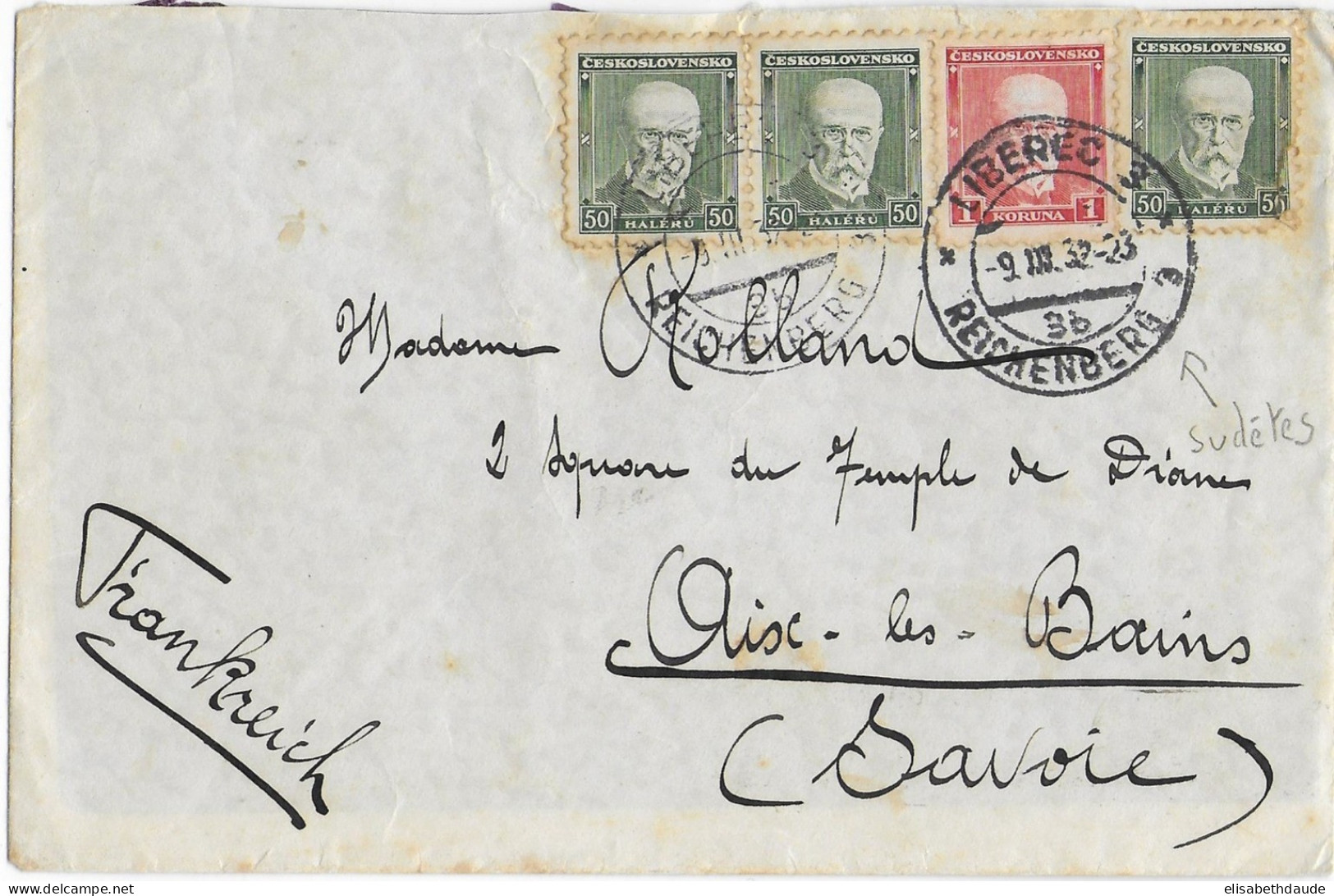 TCHECOSLOVAQUIE - 1932 - ENVELOPPE De LIBEREC => AIX LES BAINS - Cartas & Documentos