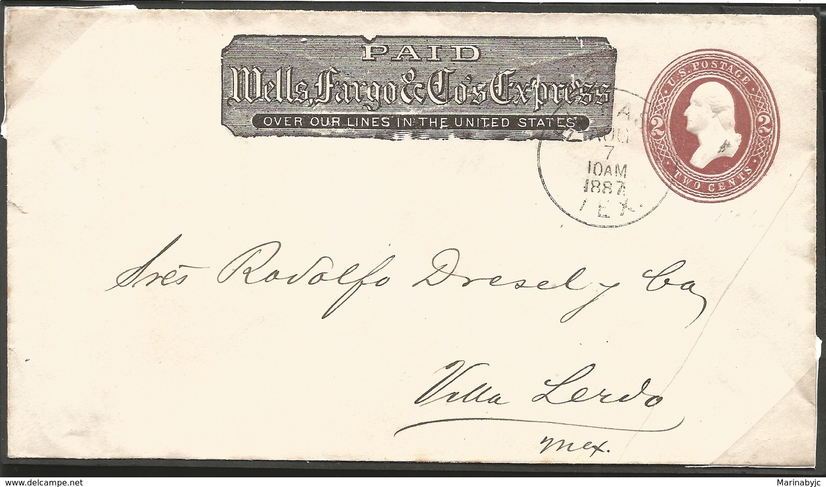 J) 1887 MEXICO, EXPRESS WELLS FARGO, MEXICO CORRECT USE OF WELLS FARGO USA FRANK, WASHINGTON 2 CENTS BROWN, CIRCULATED C - México