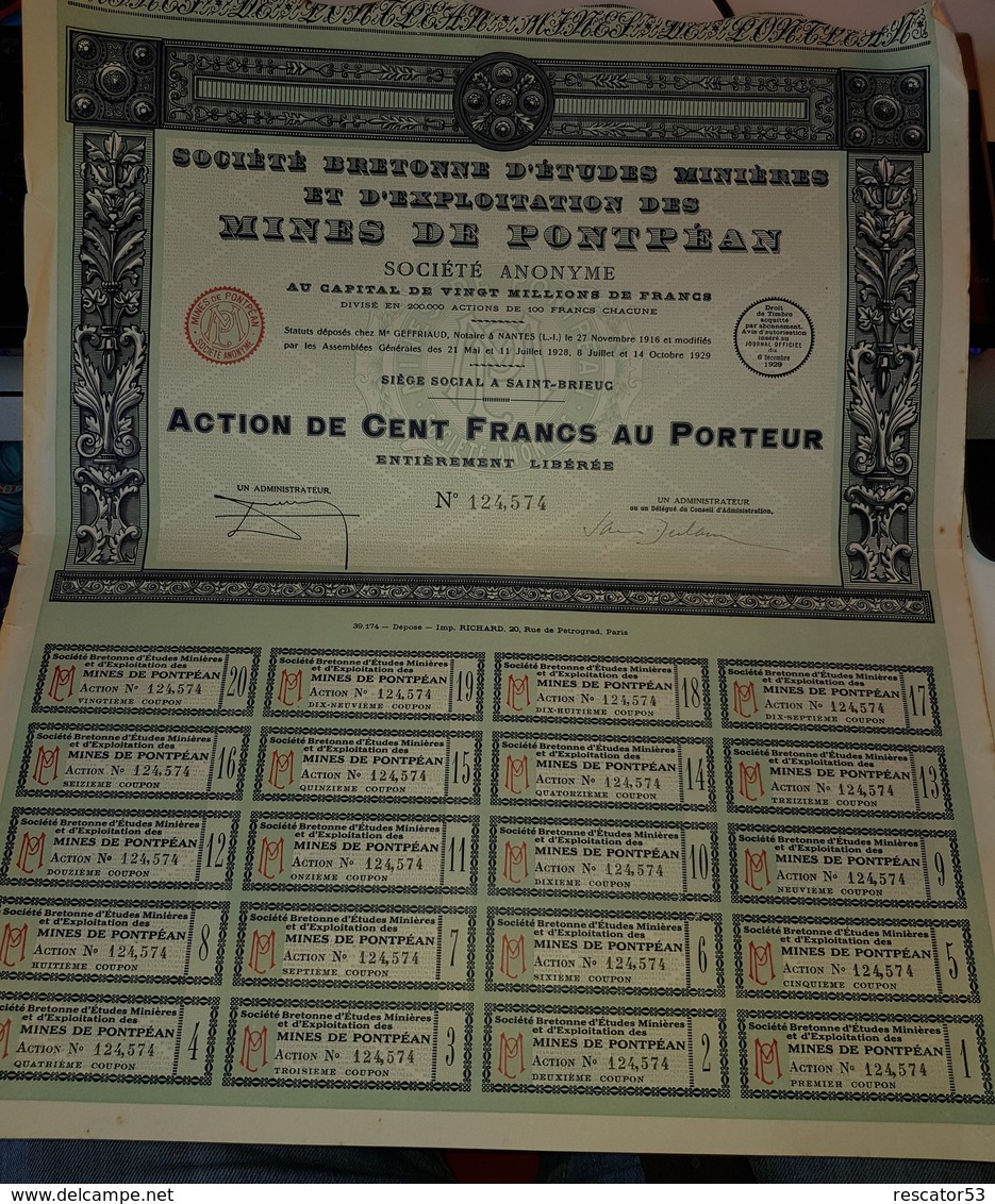 Rare Action Cent Francs Au Porteur Société Bretonne Mines De Pontpéan - Mines