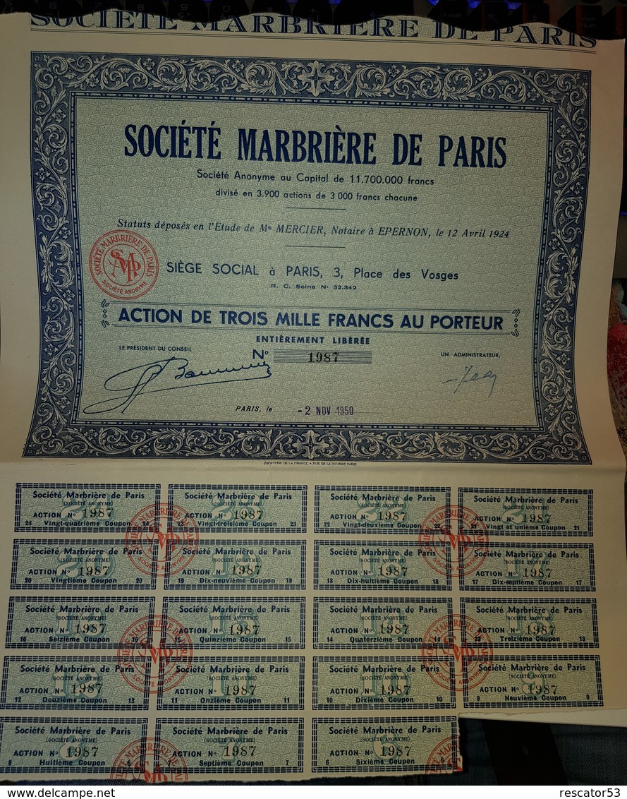 Rare Action Au Porteur De 3000 Francs Société Marbriere De Paris - Industrie