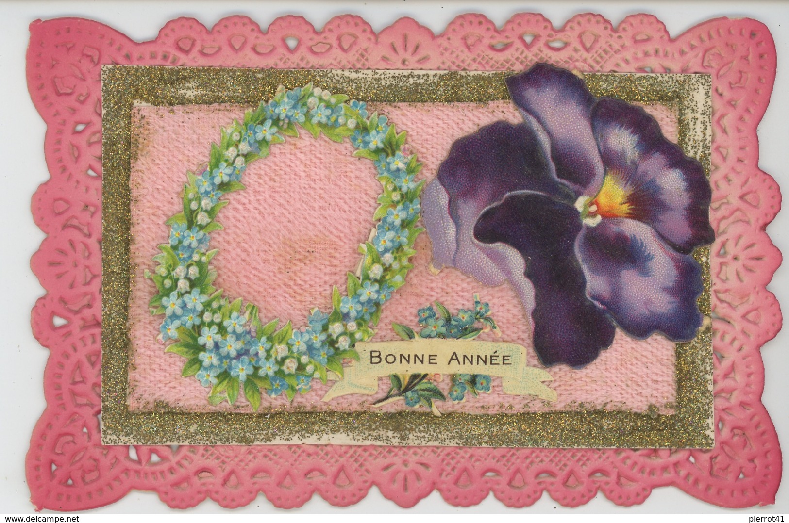 FLEURS - Jolie Carte Fantaisie Dentelle Avec Ajoutis Fleurs Myosotis Pensée Et Tissu Soyeux De "Bonne Année" - Anno Nuovo