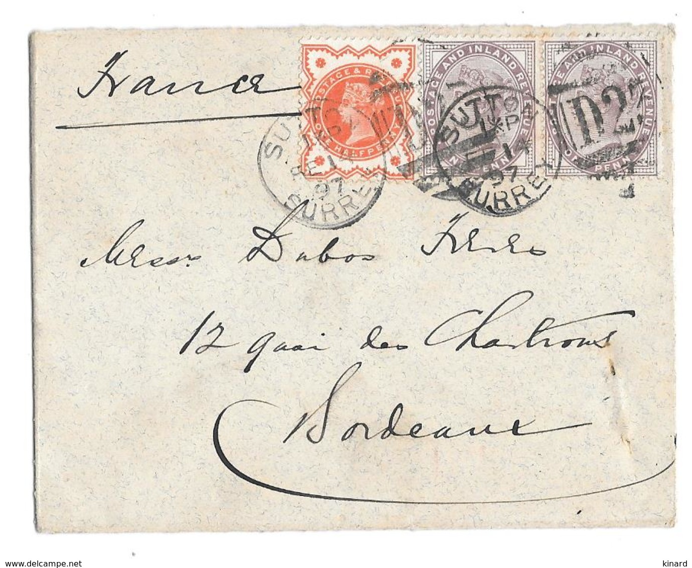LETTRE DE SUTTON SURREY... POUR BORDEAUX FRANCE .    1897...TBE.... FORMAT :  10.5 X 8.2 Cm - Lettres & Documents