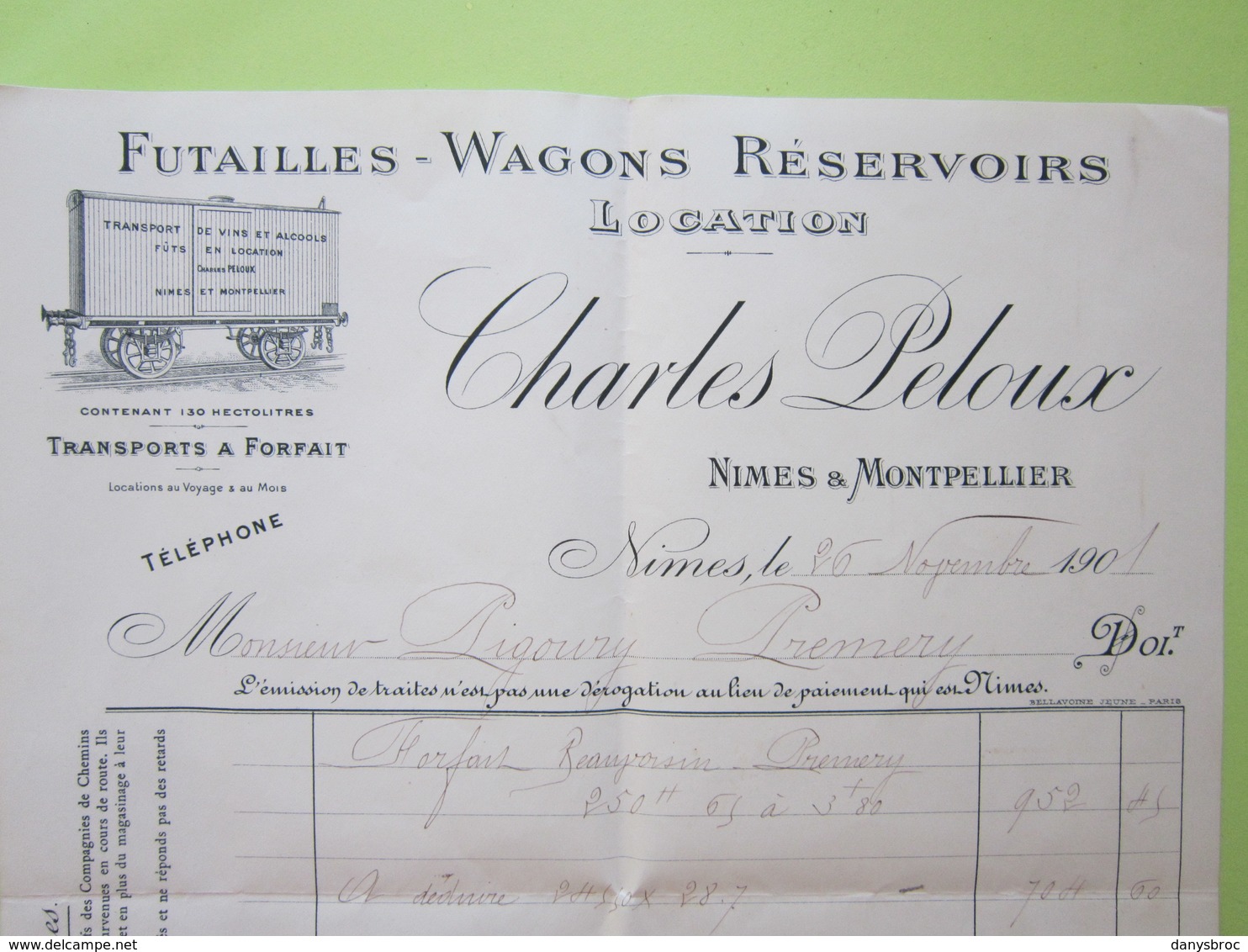 Facture Document - FUTAILLES - WAGONS RESERVOIRS, CHARLES PELOUX à NÎMES (30) Pour PREMERY (Nièvre) 26/11/1901 - 1900 – 1949