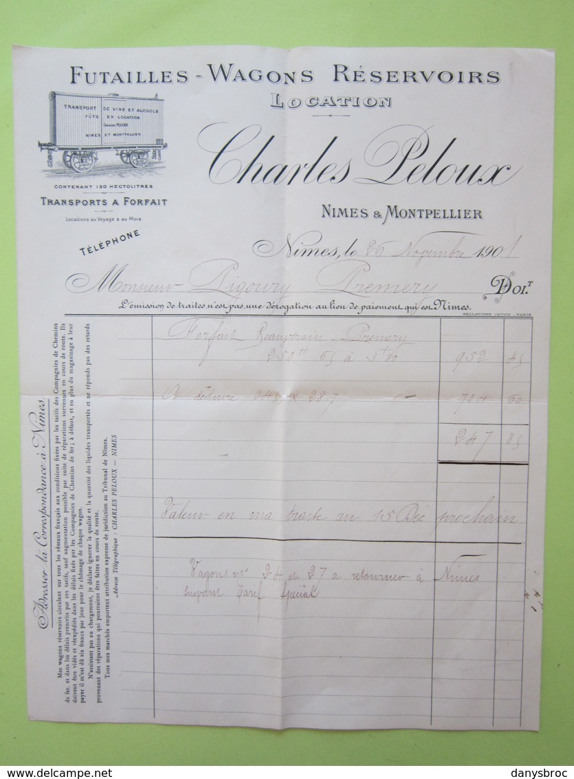 Facture Document - FUTAILLES - WAGONS RESERVOIRS, CHARLES PELOUX à NÎMES (30) Pour PREMERY (Nièvre) 26/11/1901 - 1900 – 1949