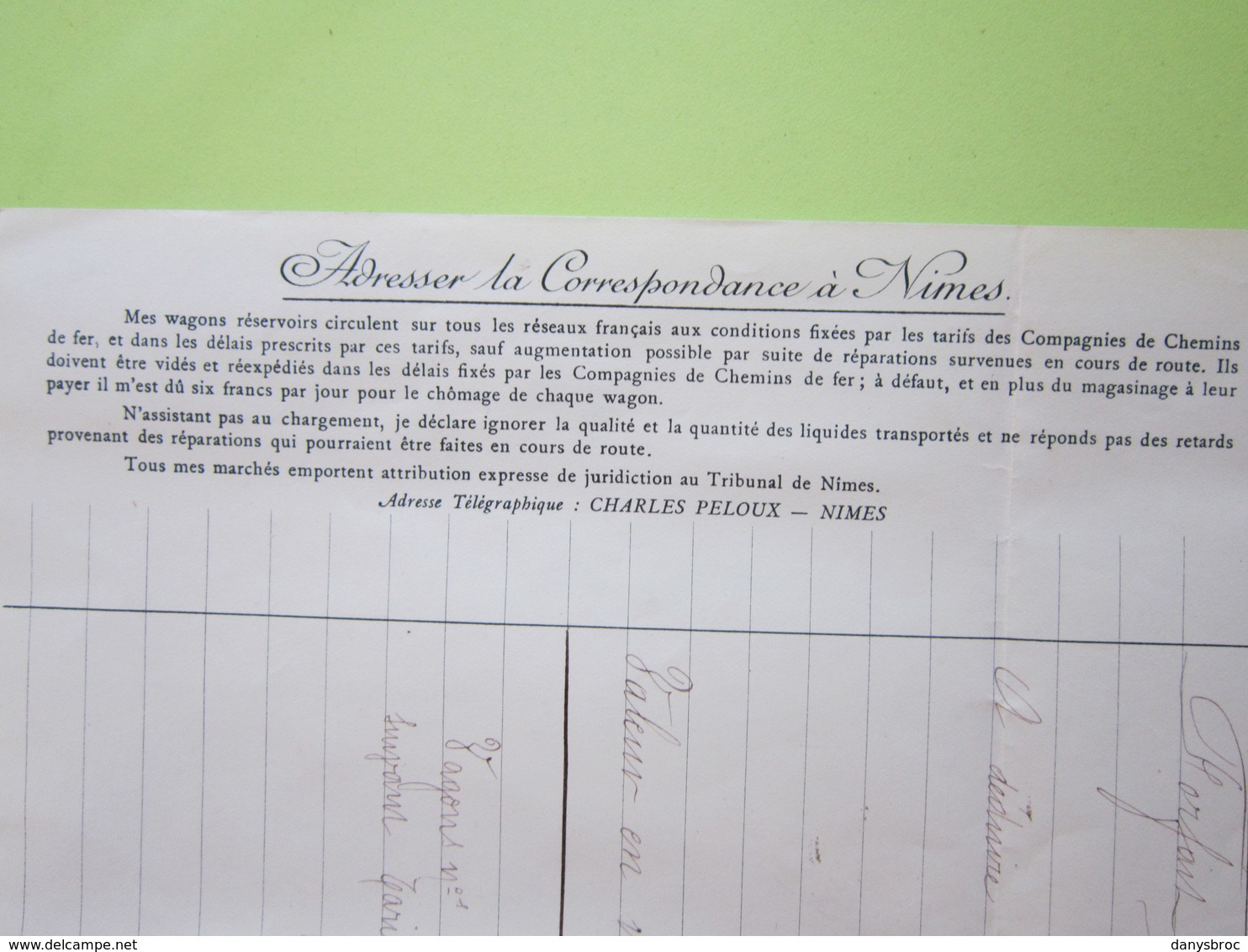 Facture Document - FUTAILLES - WAGONS RESERVOIRS, CHARLES PELOUX à NÎMES (30) Pour PREMERY (Nièvre) 26/11/1901 - 1900 – 1949