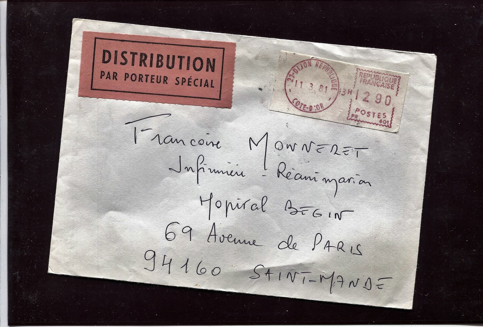 France Sur Lettre Oblitération EMA Rouge 12,90 F Dijon République 11 3 81 - DISTRIBUTION PAR PORTEUR SPECIAL - Freistempel