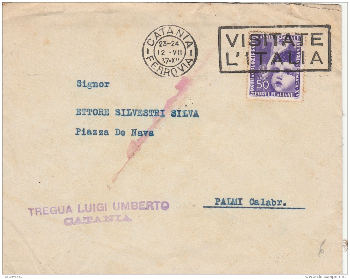 LETTERA 1937 MOSTRA COLONIE ESTIVE TIMBRO CATANIA -VISITATRE L'ITALIA-PALMI (Z502 - Storia Postale