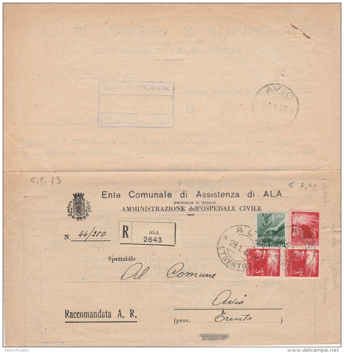 RACCOMANDATA 1947 CON 1+3X3 TIMBRO AVIO (Z576 - 1946-60: Poststempel