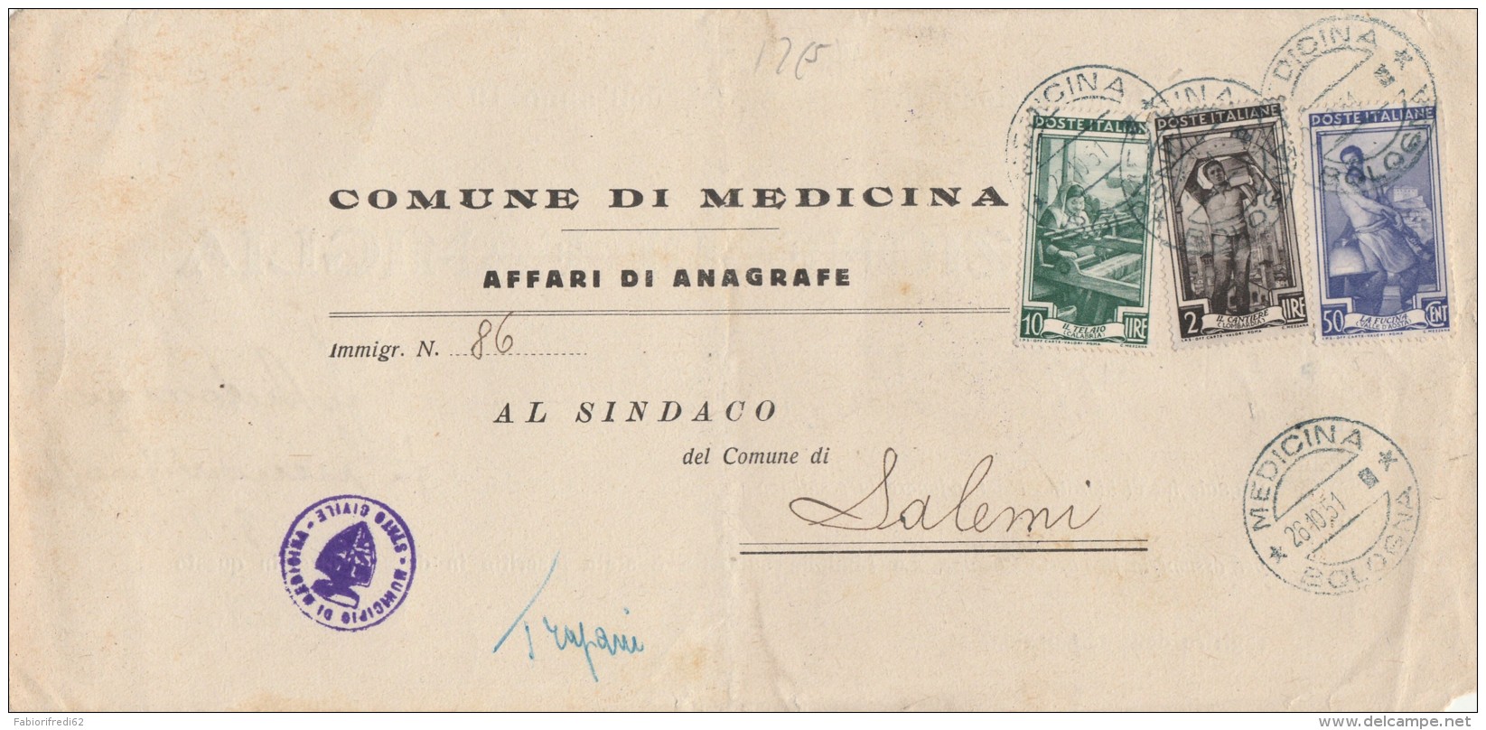 LETTERA 1951 CON 0,50+1 (NON COMUNI SU BUSTA) +10 ITALIA AL LAVORO-TIMBRO MEDICINA  (Z627 - 1946-60: Storia Postale