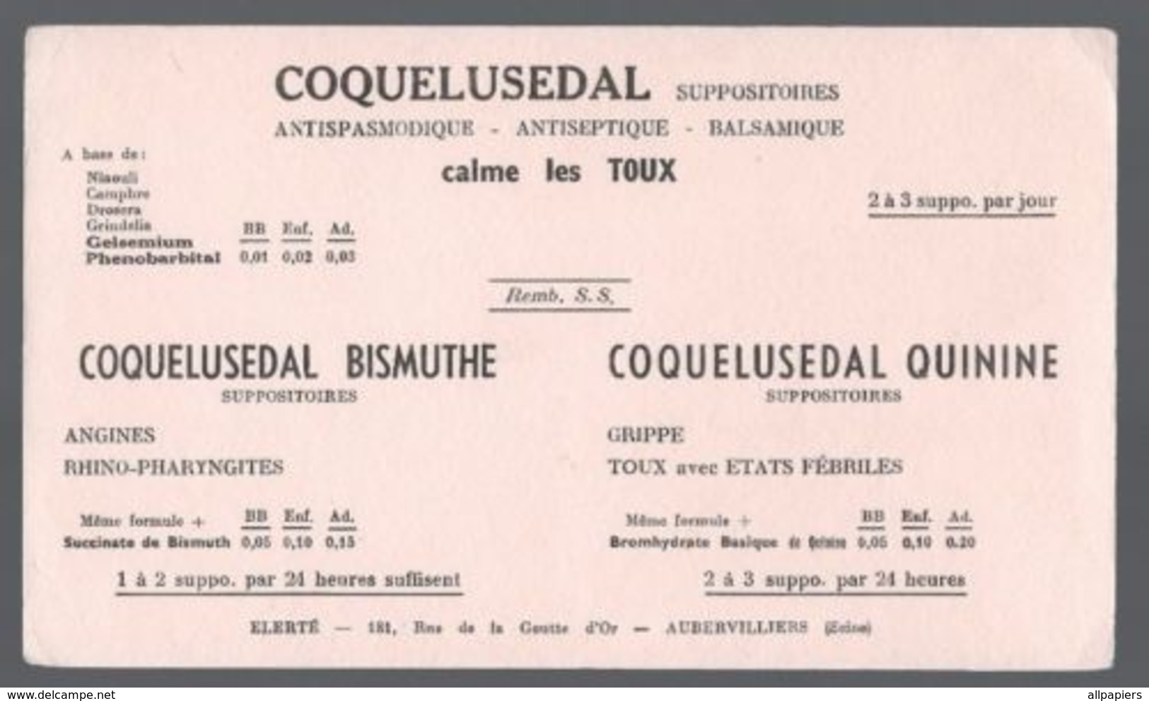 Buvard Coquelusedal Bismuthe Et Quinine Calme Les Toux - Produits Pharmaceutiques