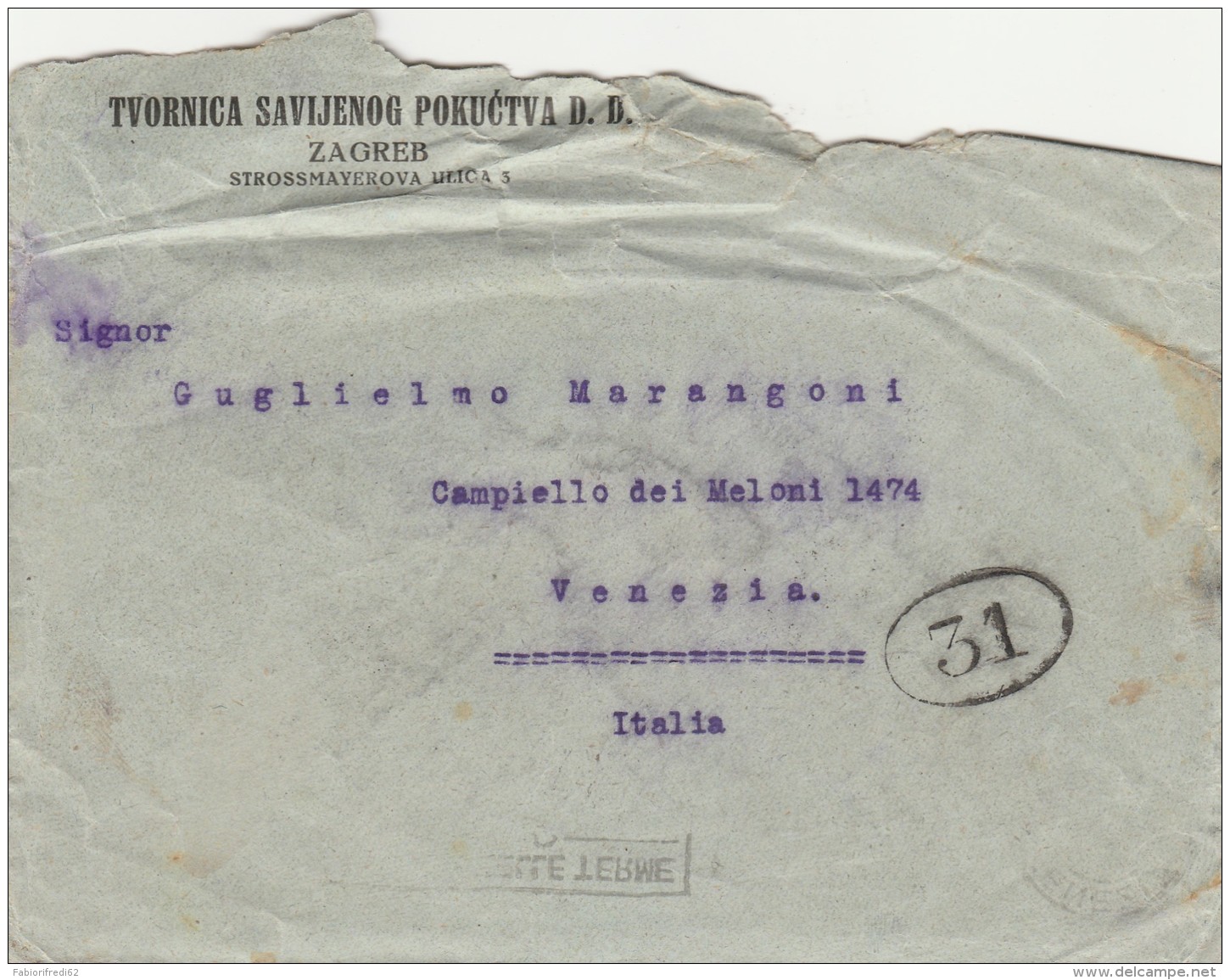 LETTERA ANNI 20 DA REGNO CROAZIA SLOVENIA SERBIA PER ITALIA TIMBRO ARRIVO-STRAPPO IN ALTO (Z720 - Storia Postale