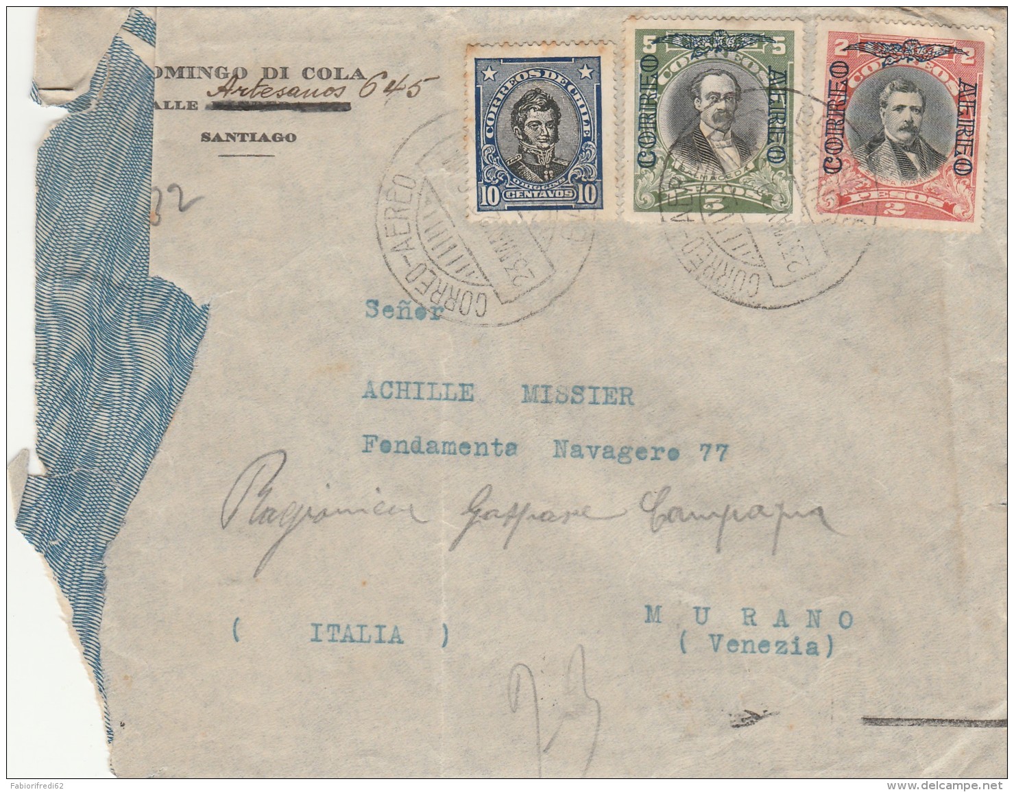 LETTERA 1929 DA CILE PER ITALIA -TIMBRI VENEZIA BUENOS AIRES-STRAPPATA A SX (Z756 - Chili