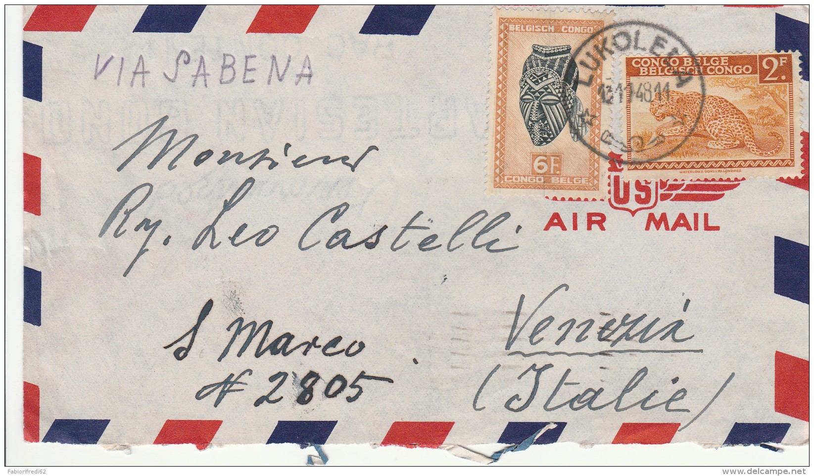 LETTERA 1948 DA CONGO BELGA DIRETTA ITALIA TIMBRO LUKOLELA VENEZIA (Z761 - Storia Postale