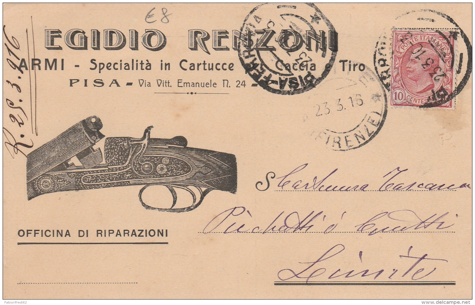 CARTOLINA 1916 CON 10 CENT. -EGIDIO RENZONI ARMI -TIMBRO PISA FIRENZE (Z860 - Marcofilie