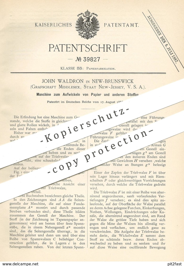 Original Patent - John Waldron , New Brunswick , Middlesex , New Jersey , USA , Aufwickeln Von Papier U. Stoff | Walze - Documents Historiques