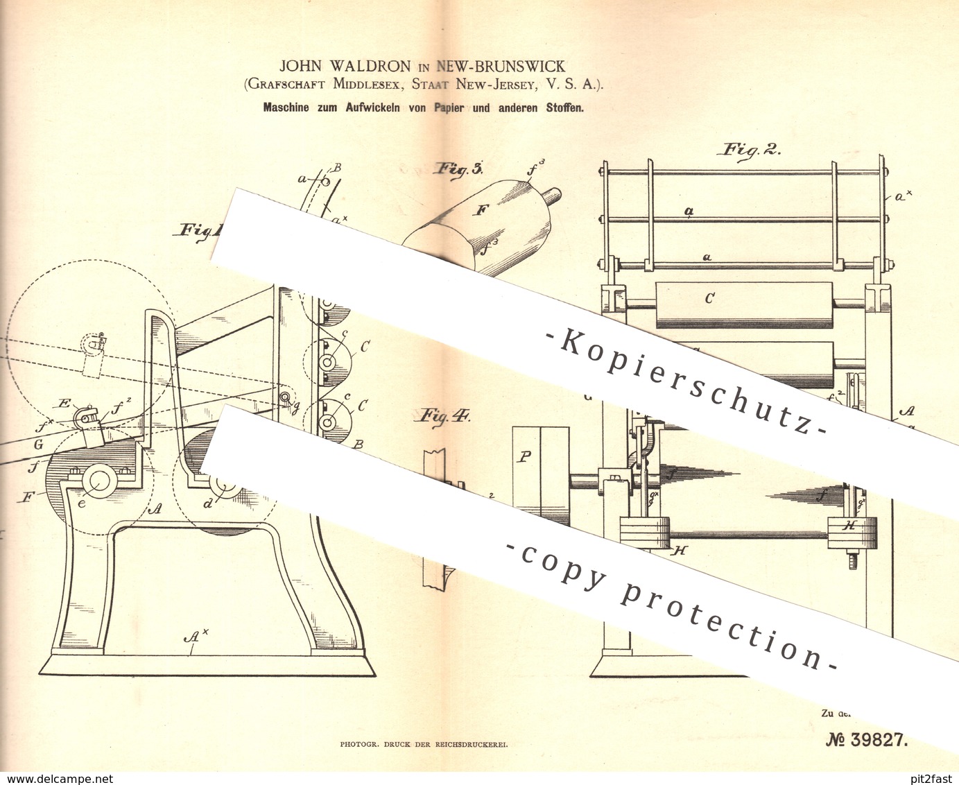 Original Patent - John Waldron , New Brunswick , Middlesex , New Jersey , USA , Aufwickeln Von Papier U. Stoff | Walze - Historische Dokumente