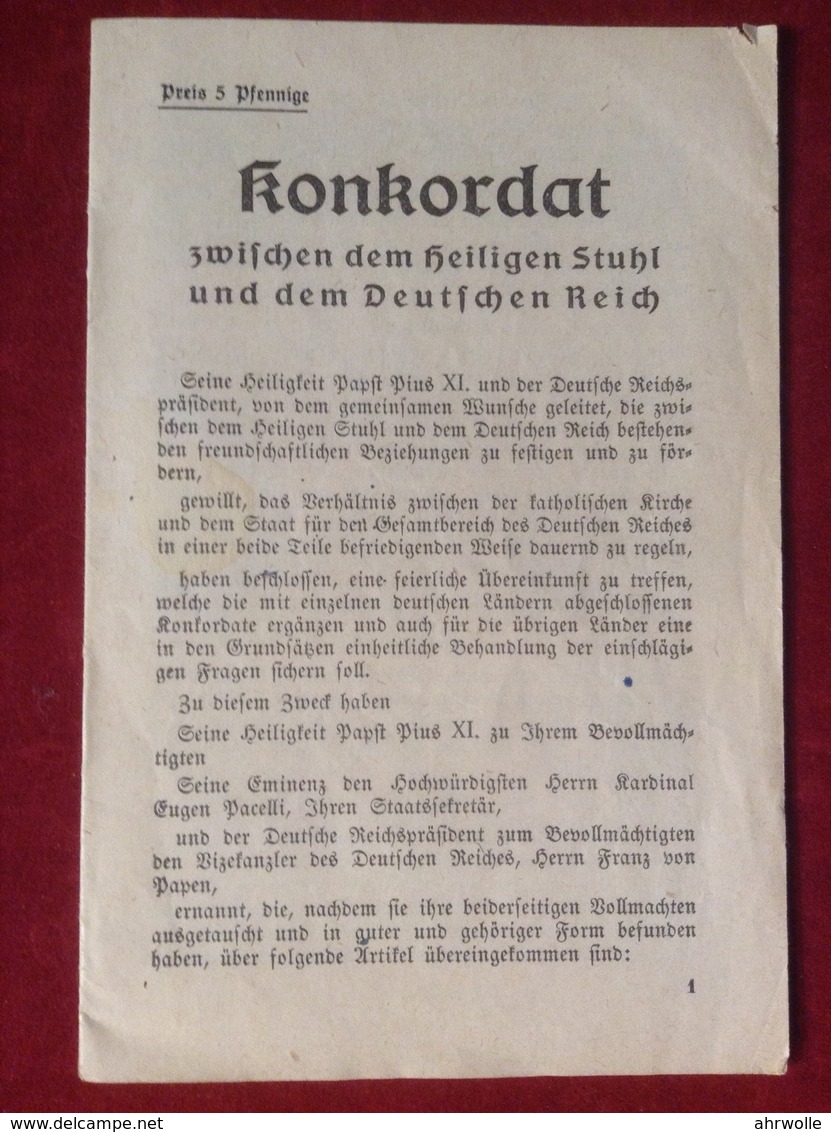 Heft Konkordat Zwischen Dem Heiligen Stuhl Und Dem Deutschen Reich Berlin Vatikanstadt 1933 - Christianisme