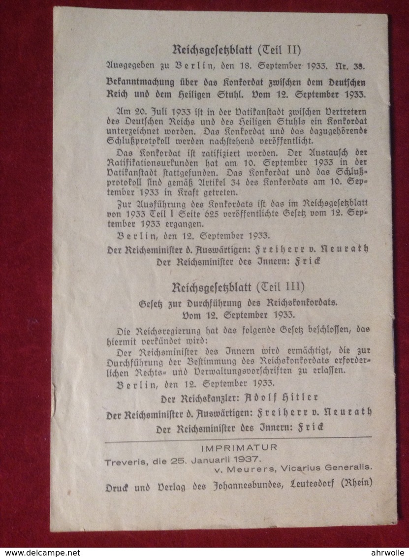 Heft Konkordat Zwischen Dem Heiligen Stuhl Und Dem Deutschen Reich Berlin Vatikanstadt 1933 - Christentum