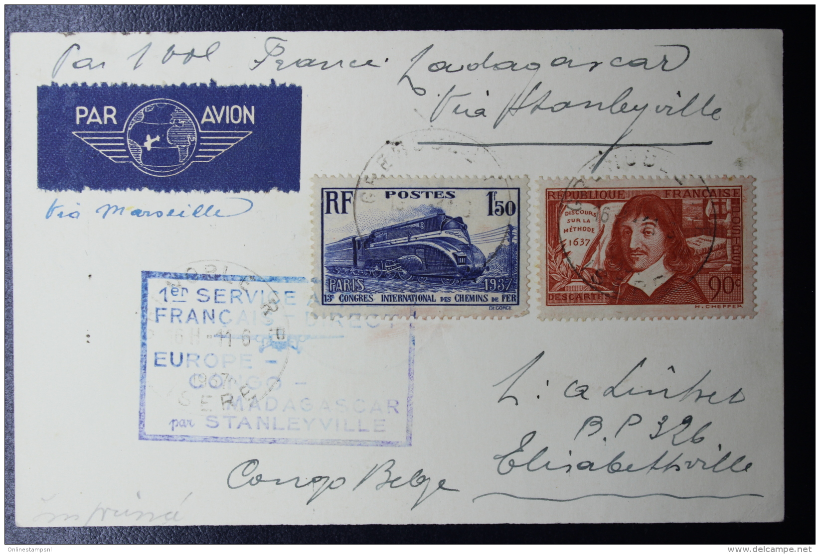 France: First Direct French Air Service Europa - Stanleyville Congo -&gt; Mafagascar 11-6-1937 - 1927-1959 Lettres & Documents