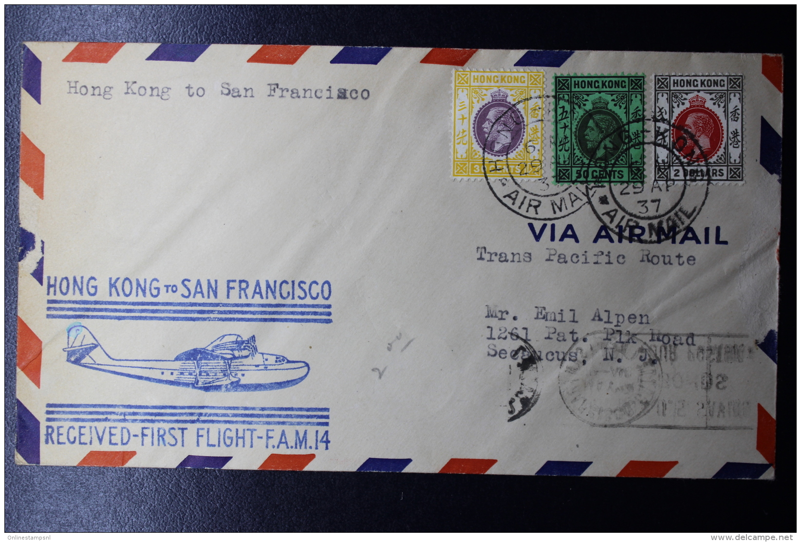 Hong Kong : First Flight Hong Kong -&gt; San Fransisco FAM 14 , 29 April 1937  3 Color Franking - Brieven En Documenten