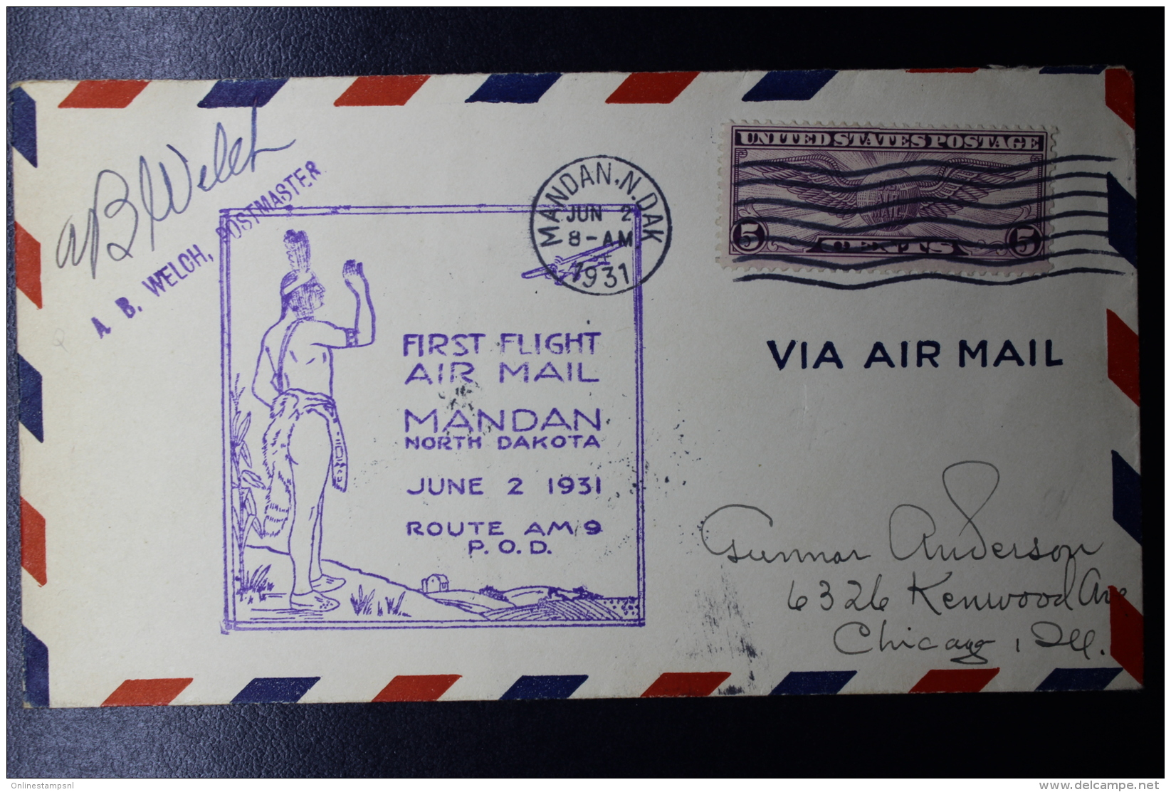 USA  First Flight Mandan North Dakota, Route AM 9, POD,  June 2, 1931 - Cartas & Documentos