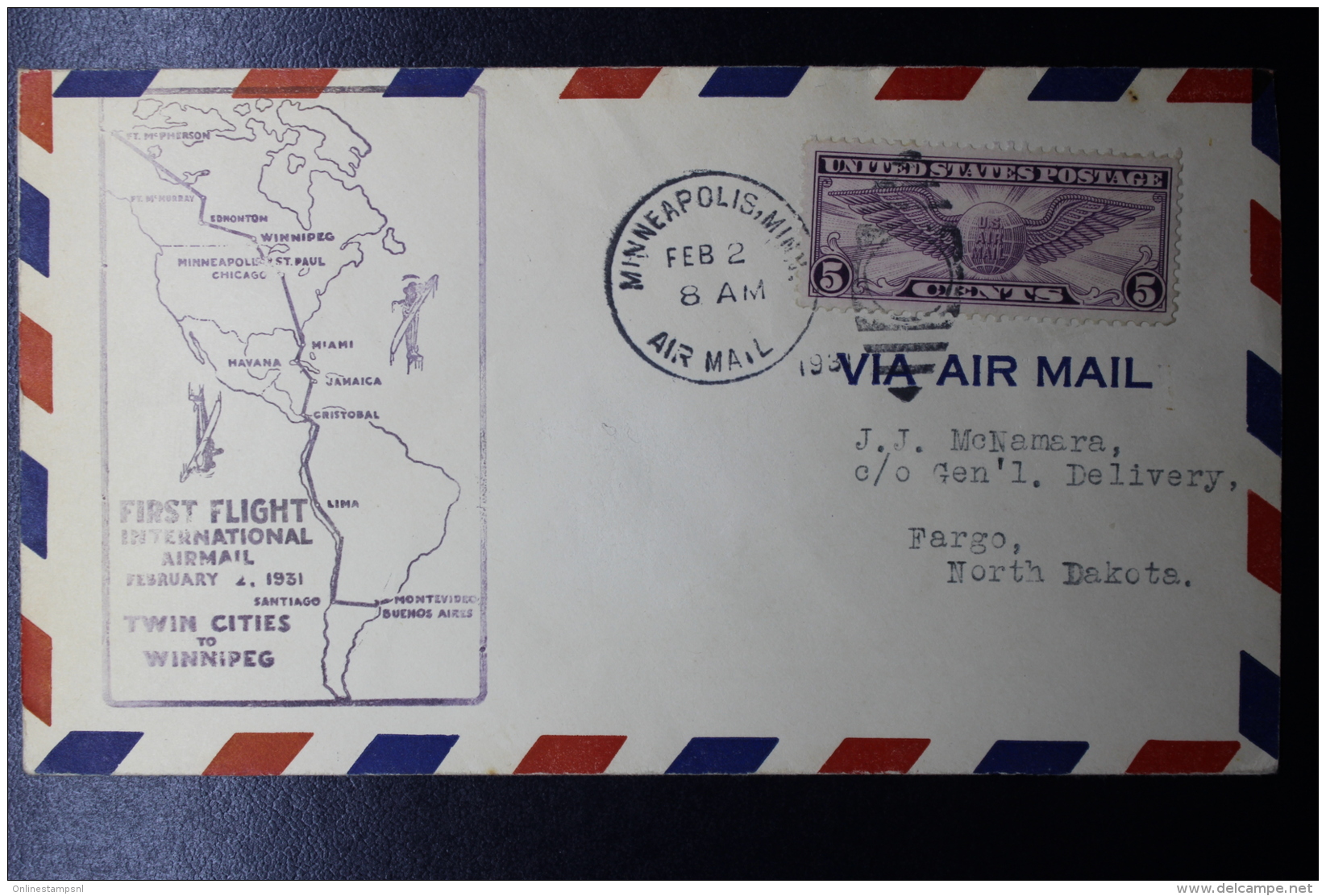 USA  First Flight International Airmail Twin Cities To Winnipeg, Feb 4 1931 - Briefe U. Dokumente