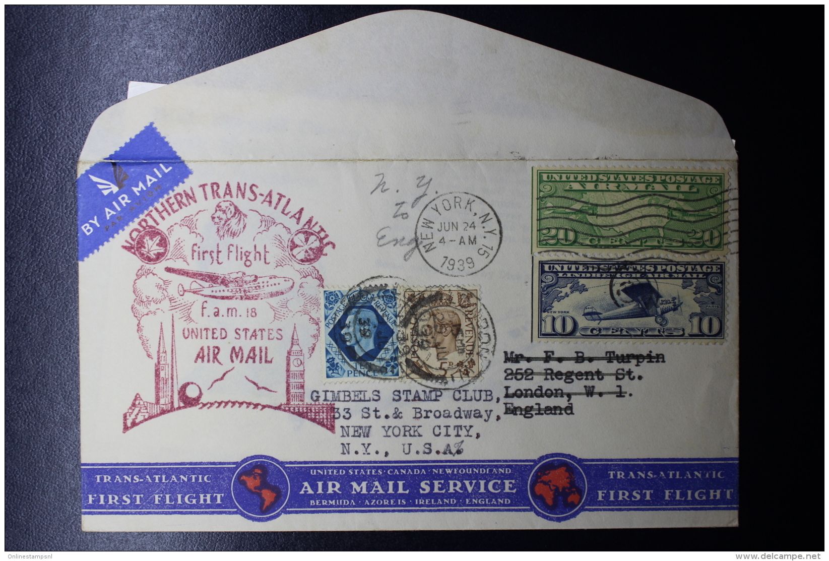 USA  First Northern Trans-Atlantic Flight To London And VV FAM 18 , Mixed Franking With Card Enclosed - Briefe U. Dokumente