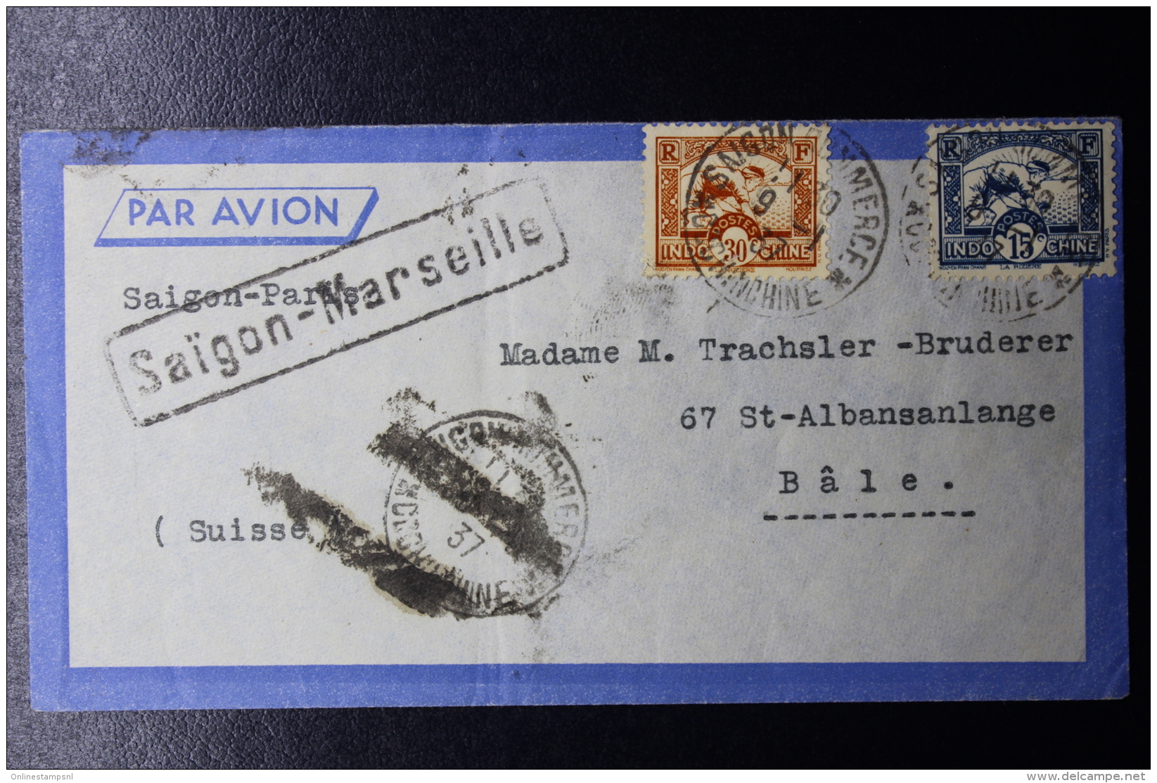 Indochine, Airmail Cover Saïgon -&gt; Marseille -&gt; Trogen Suisse   Mixed Franking  1937 - Brieven En Documenten