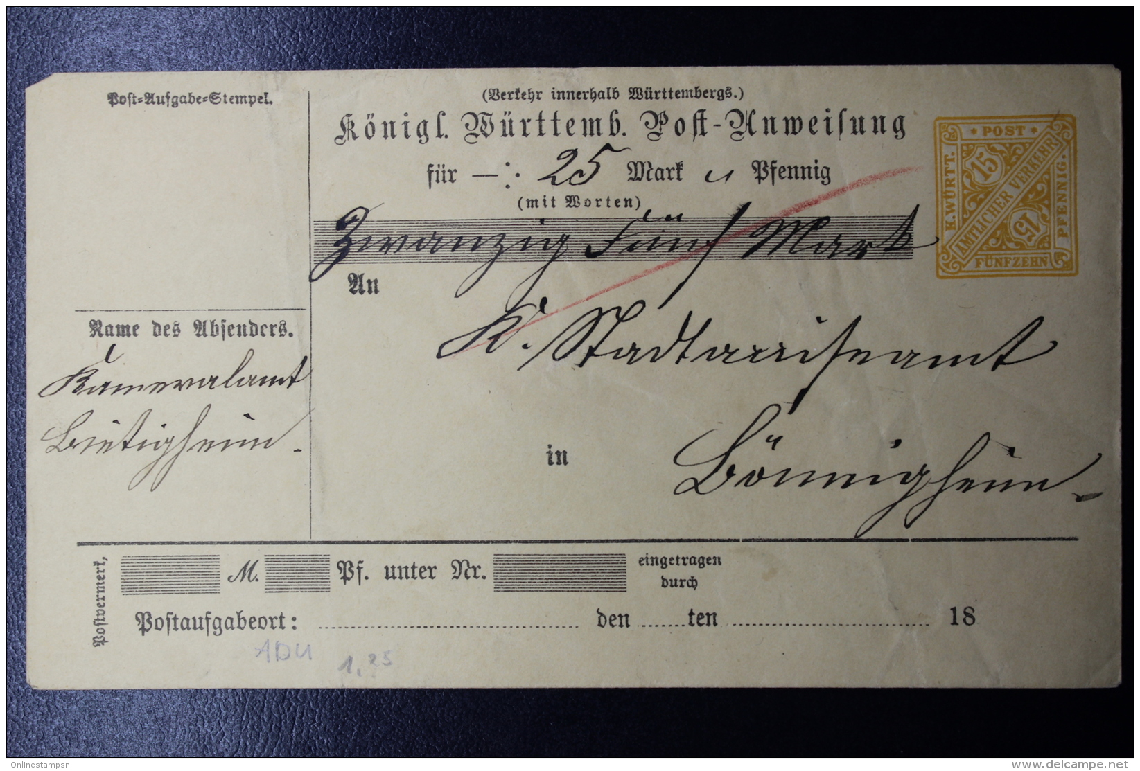 Württemberg  Post-anweissung  ADU16  Jahr 18.. - Postal  Stationery