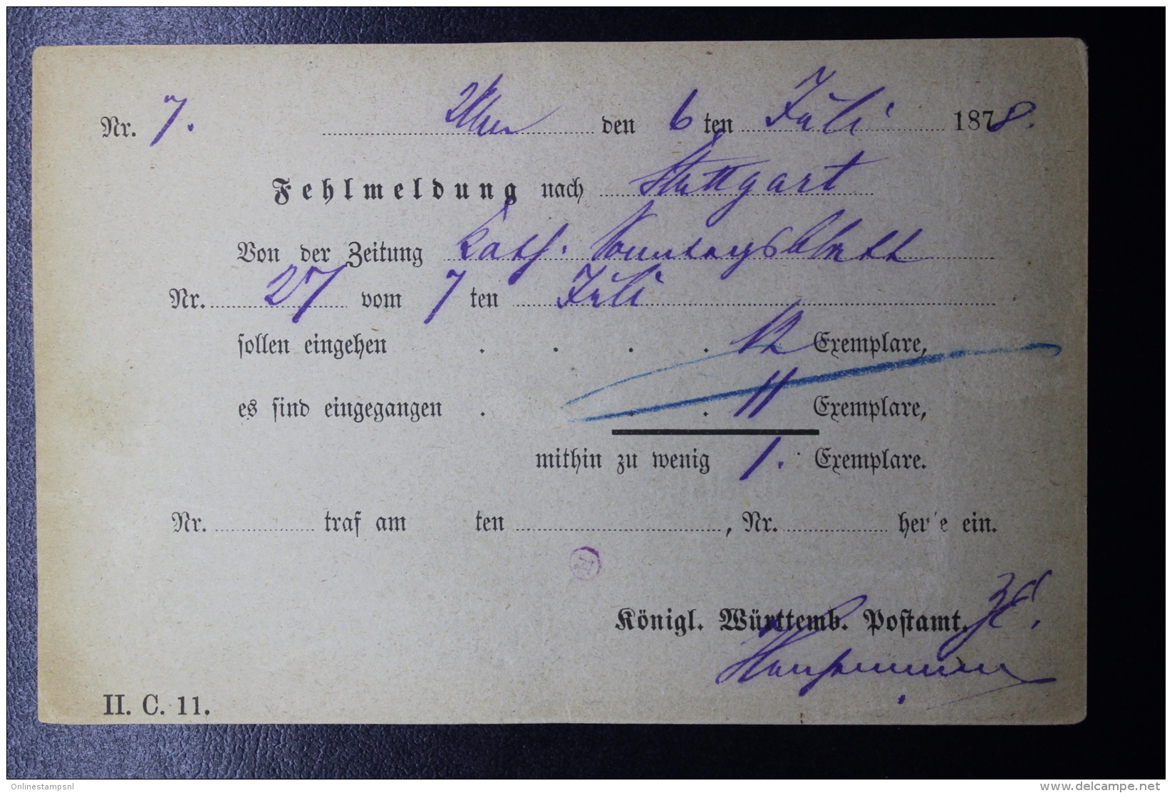 Württemberg  Dienst Sache Postkarten Postamt 6-7-1878 - Postal  Stationery