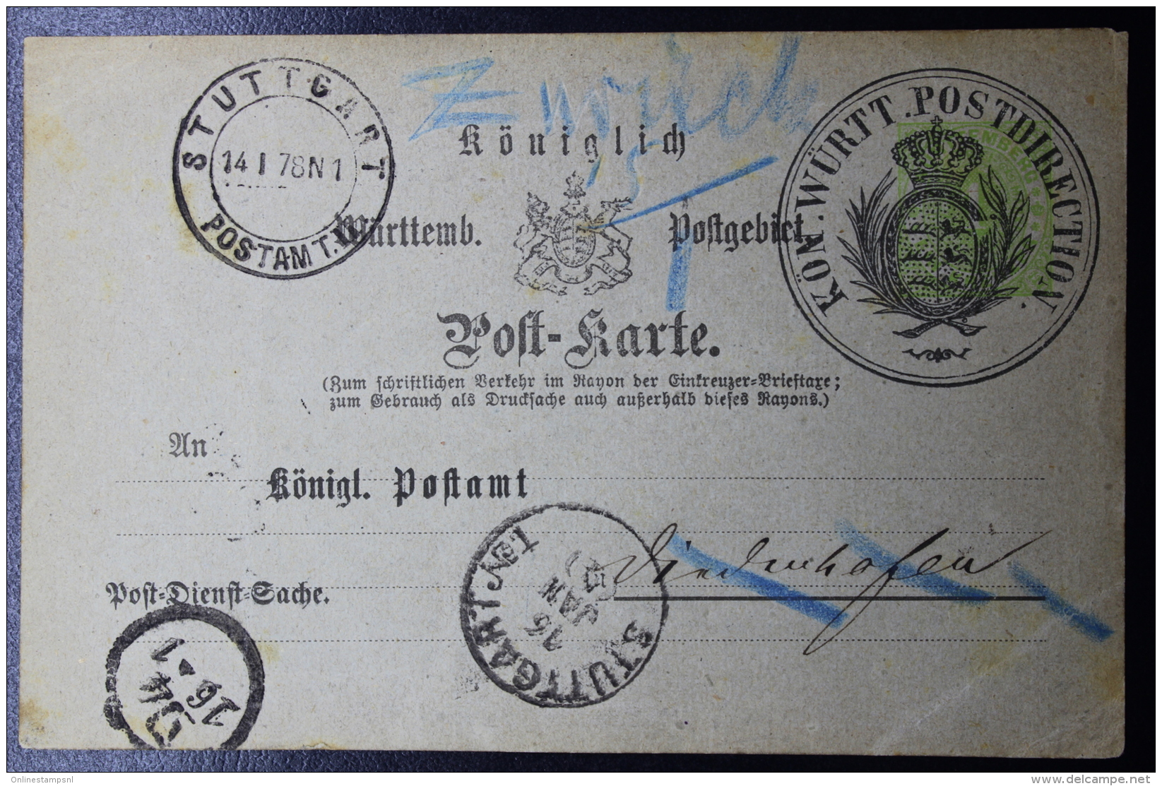 Württemberg  Dienst Sache Postkarten Postamt 6-7-1878 - Entiers Postaux