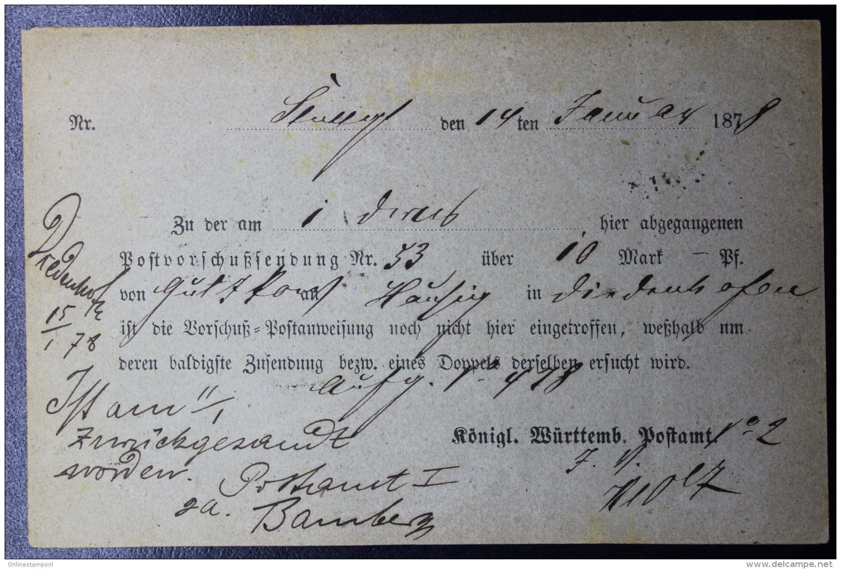 Württemberg  Dienst Sache Postkarten Postamt 6-7-1878 - Entiers Postaux