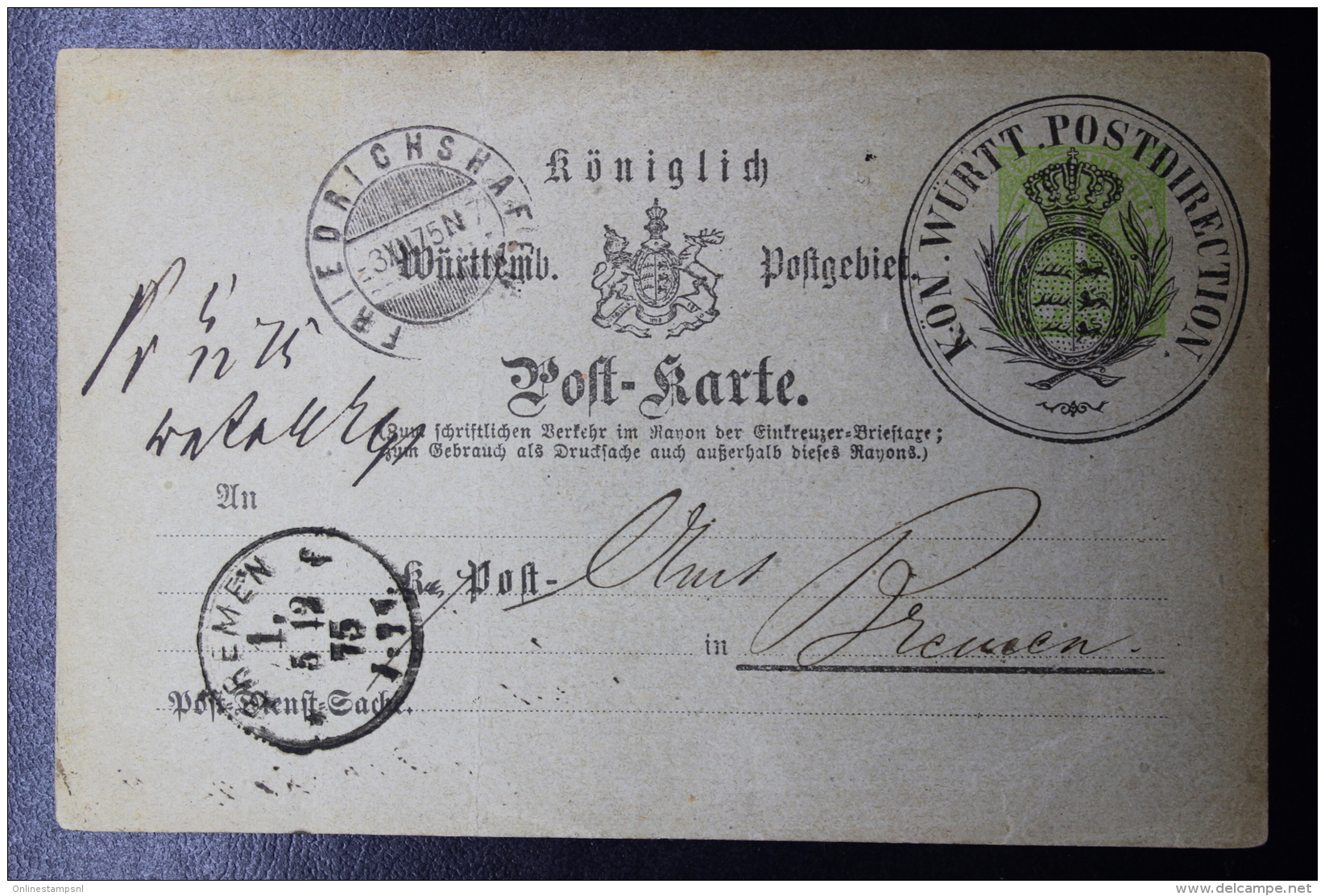 Württemberg  Dienst Sache Postkarten Postamt 6-7-1878