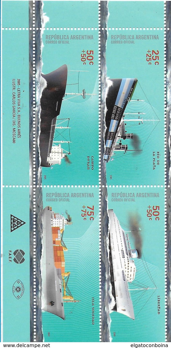 ARGENTINA 2004 SCOTT B190 SHIPS BLOCK OF FOUR DIFFERENTS MINT NH - Unused Stamps