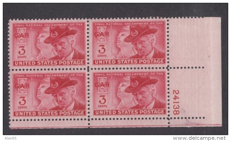 Sc#985 Plate # Block Of 4, US Civil War Union Soldier &amp; GAR Veteran, MNH 1949 Issue US Postage Stamps - Plattennummern