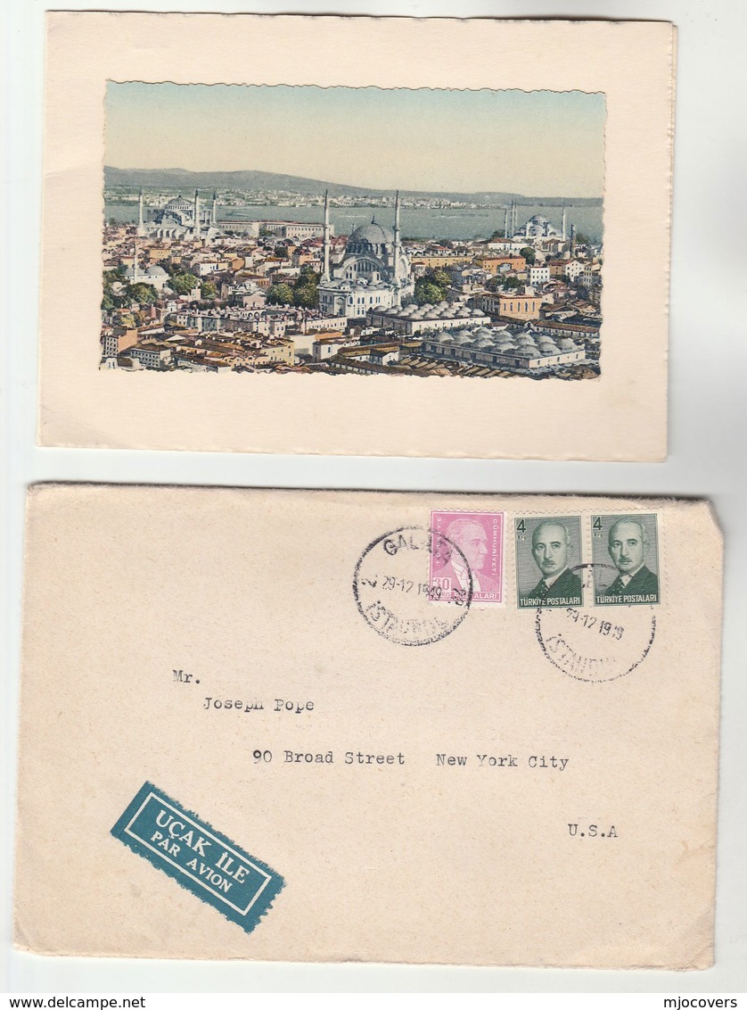 1949 Galata TURKEY Stamps  COVER  With CHRISTMAS CARD ISTANBUL Pic  To USA Airmail Label - Covers & Documents