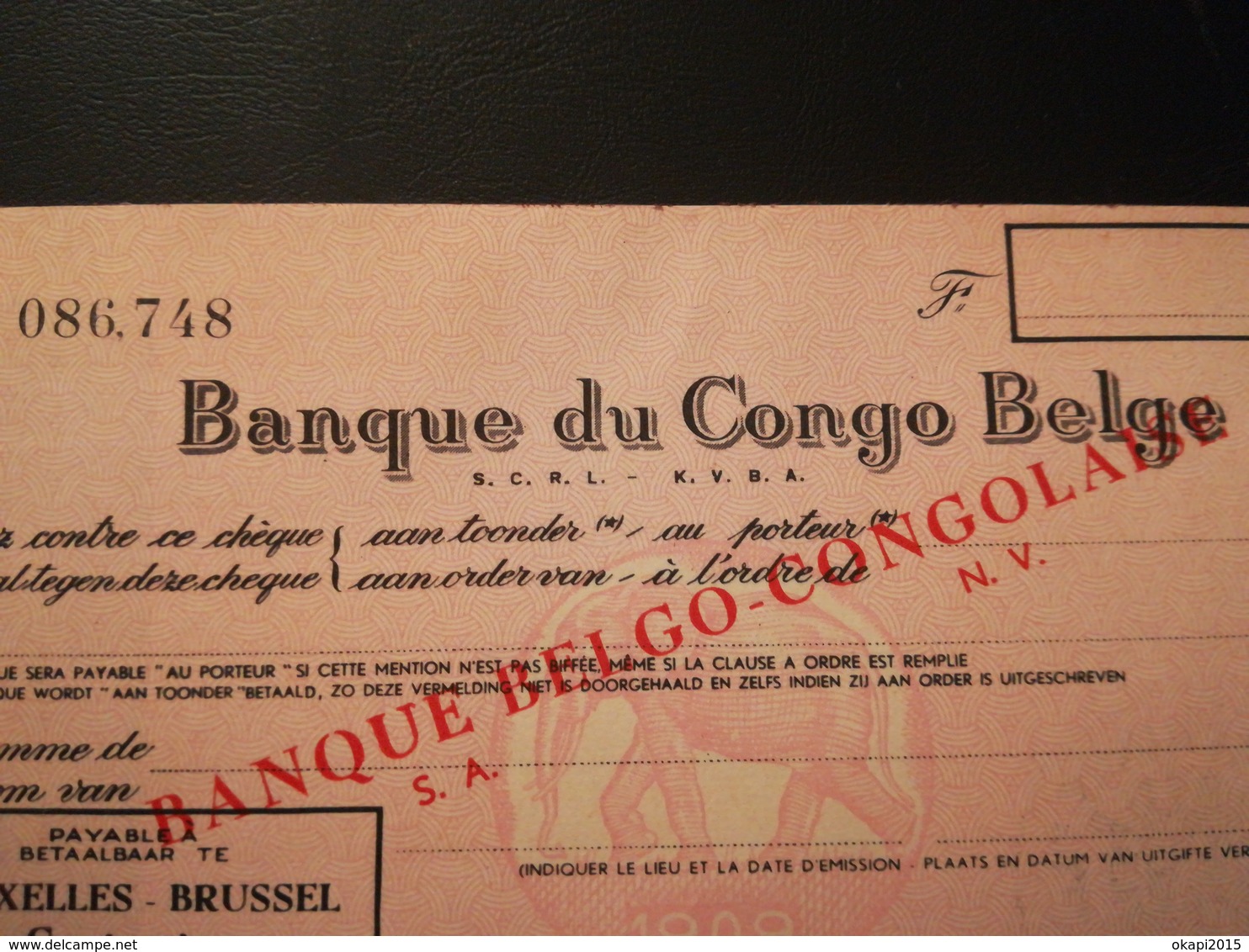 Banque Du Congo Belge Chèque Avec Surcharge Banque Belgo - Congolaise  Janvier 1960 - Documents Historiques