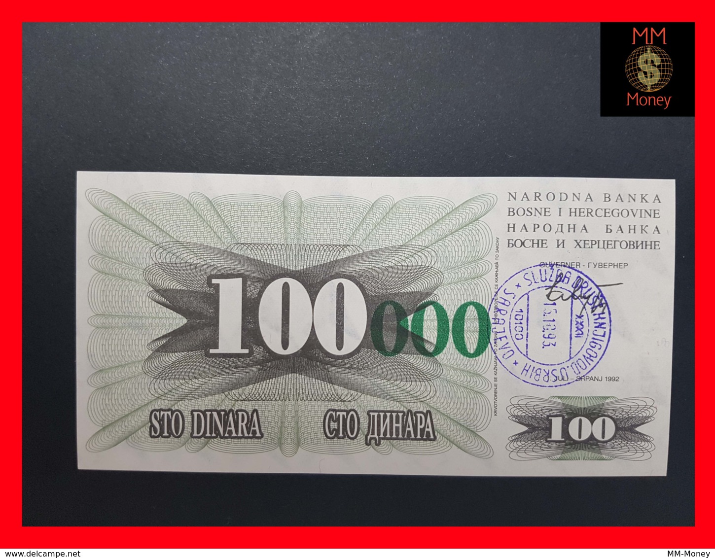 BOSNIA 100.000 Dinara  24.12.1993 P. 56  "Sarajevo"   *short Green Zeros"    UNC - Bosnia Y Herzegovina