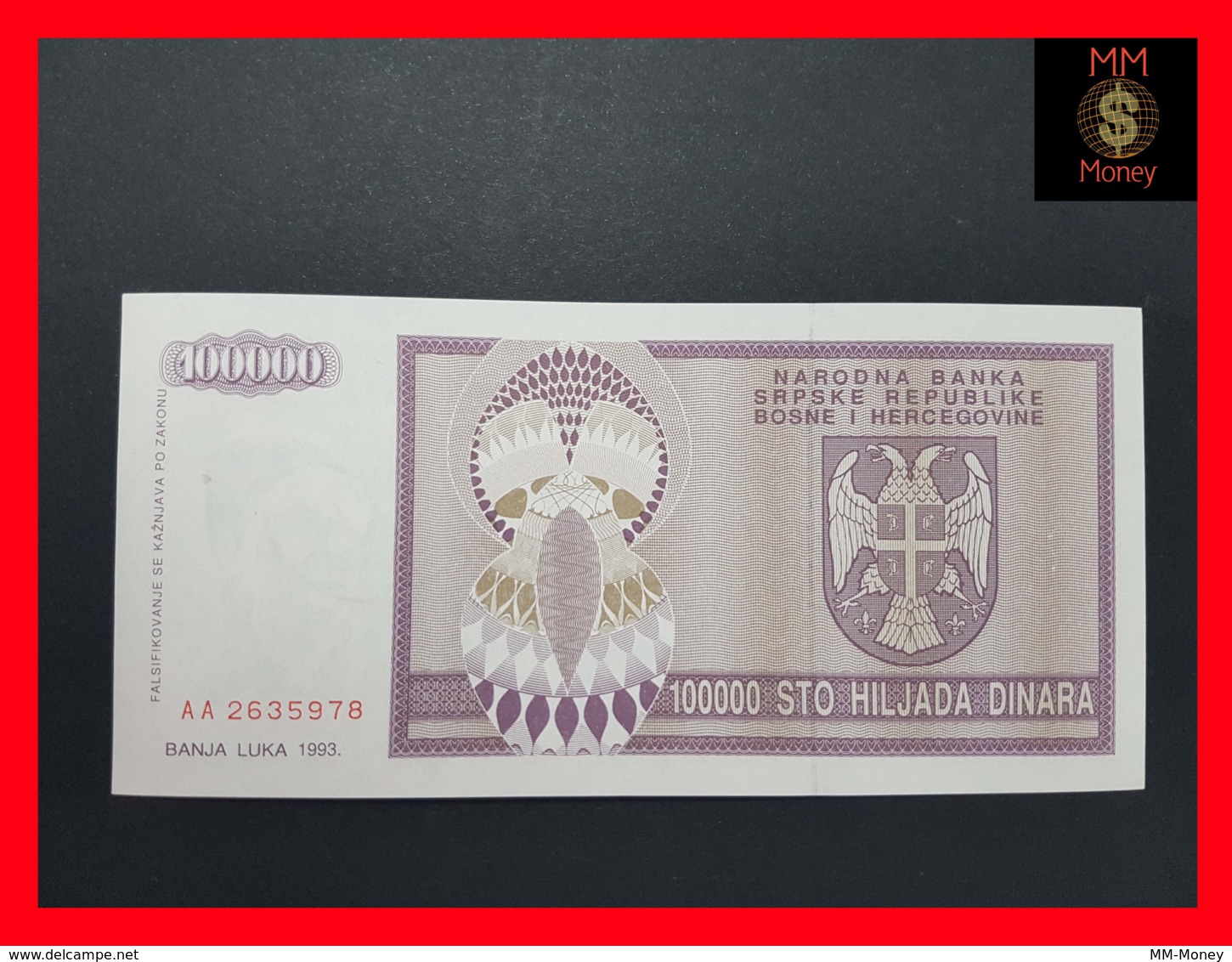 BOSNIA 100.000  100000 Dinara 1993  P. 141  UNC - Bosnia Erzegovina