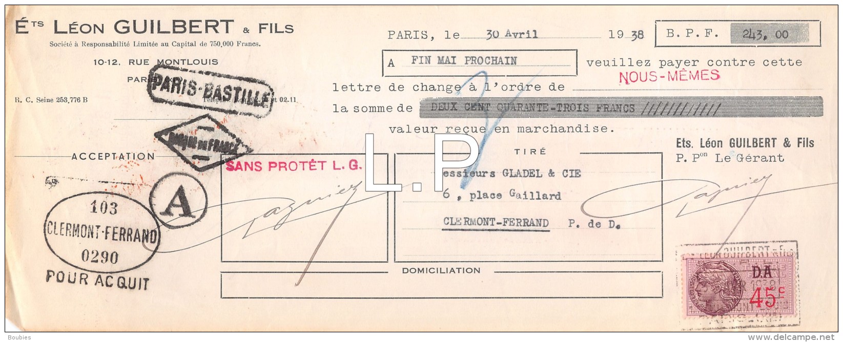 11-0563    1938  ETS LEON GUILBERT &amp; FILS A PARIS - M.GLADEL A CLERMONT FERRAND - Lettres De Change