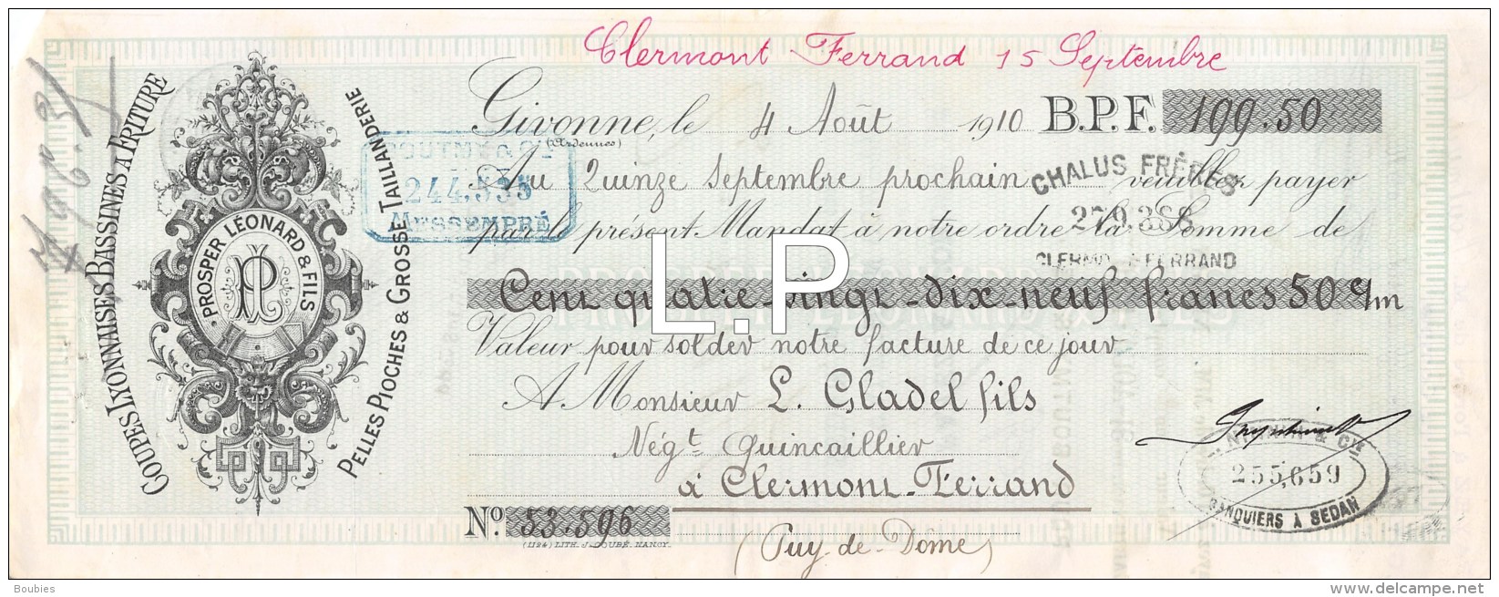 11-0707    1910  PROSPER LEONARD &amp; FILS A GIVONNE - M.GLADEL A CLERMONT FERRAND - Lettres De Change