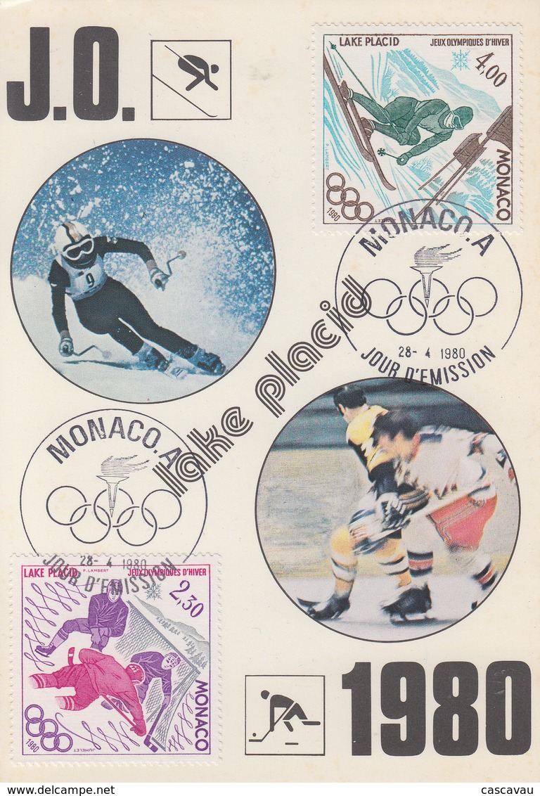 Carte  Maximum   1er   Jour   MONACO   Jeux  Olympiques   LAKE  PLACID   1980 - Invierno 1980: Lake Placid