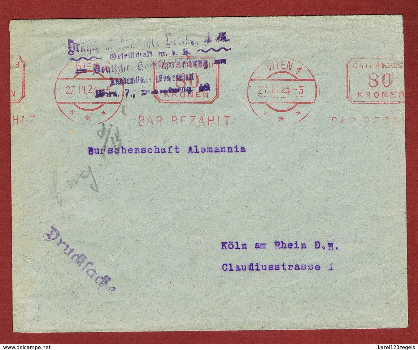 Infla  Drucksache 27/3/1923  Wien - Köln Bar Bezahlt - Briefe U. Dokumente