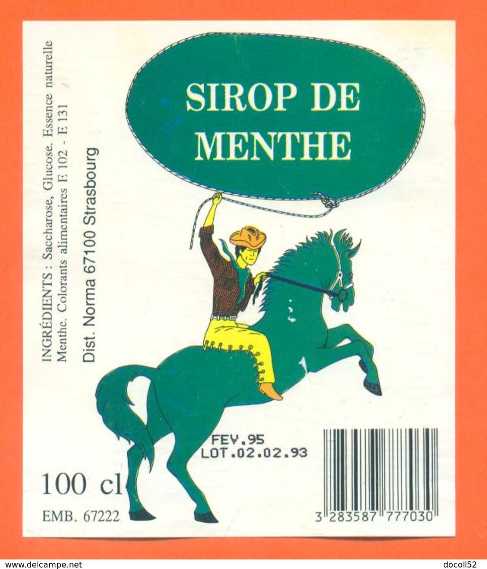 étiquette Sirop De Menthe Distillerie Norma à Strasbourg - 100 Cl - Cavalier - Cow-boy - Fruits & Vegetables